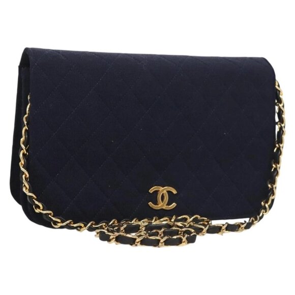 CHANEL Matelasse Chain Shoulder Bag cotton Navy Gold CC Auth 131348 - Picture 1 of 16